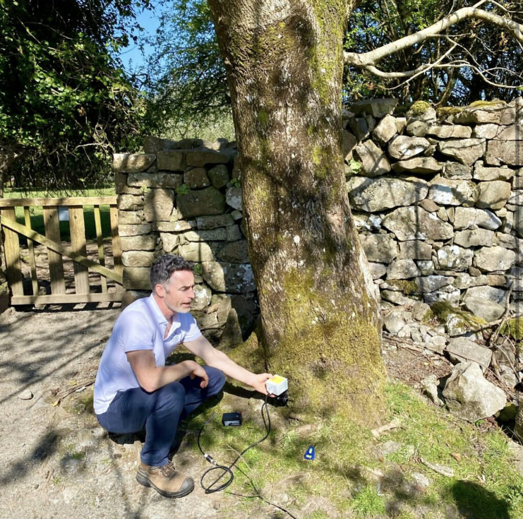 "Holly Arboriculture's Arboricultural Consultant using the Arborsonic 3D Acoustic Tomograph to perform a non-invasive tree decay assessment as part of their innovative technology approach, recognised by the Newstalk Changemakers Awards 2025. This advanced diagnostic tool helps ensure sustainable land management and enhanced tree risk evaluation in Ireland