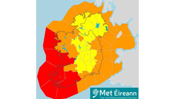 Why a Tree Risk Management Strategy Could Save Your Site Thousands—And Keep Everyone Safe 3 Map of Ireland showing red and orange weather warnings, highlighting the importance of having a closure policy as part of a Tree Risk Management Strategy to protect public safety during severe weather events.